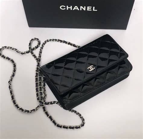 chanel black patent leather wallet.and chain|coco chanel wallet.